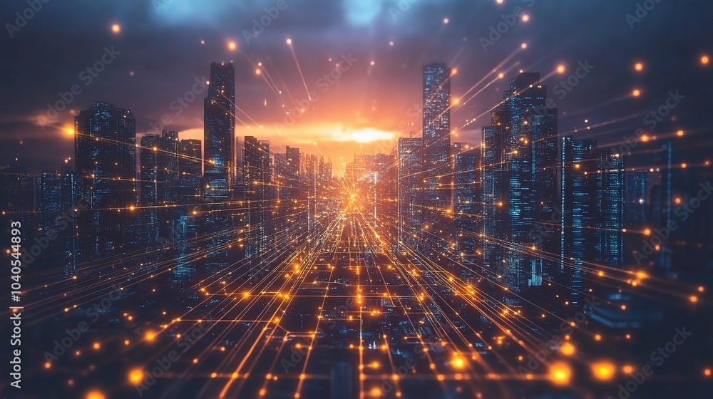 Naklejka premium Futuristic City Concept with Glowing Effects