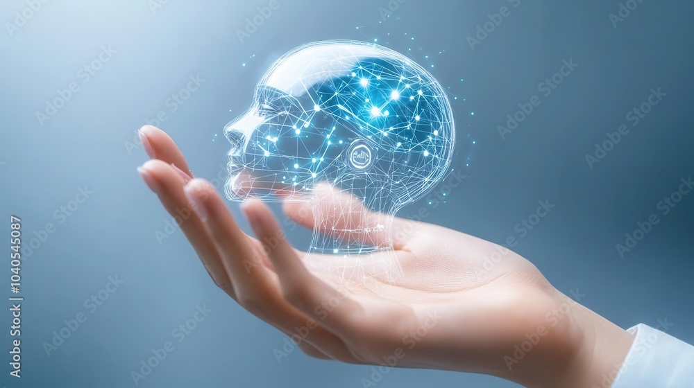 Holographic AI Head in Hand of Technology Holographic AI Head in Hand of Technology