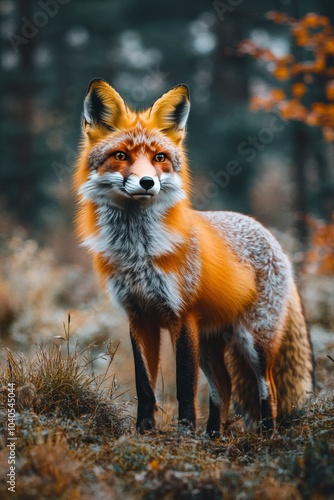 A vibrant red fox standing gracefully in the forest during autumn with colorf...