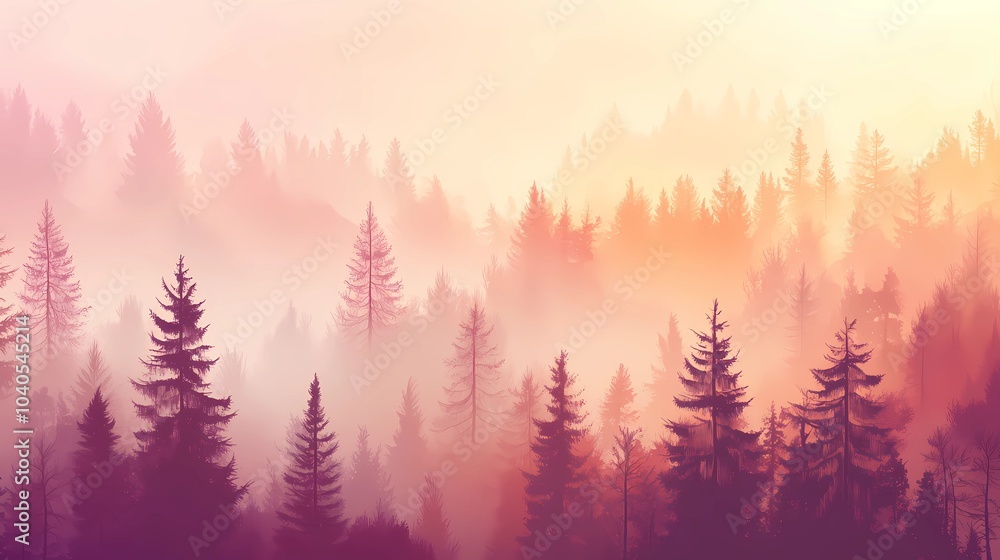 Fototapeta premium Foggy morning in an autumn forest, with orange and yellow leaves on the trees, creating a peaceful and calming seasonal landscape.