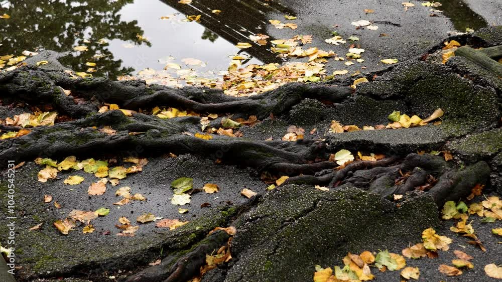 Roots of an old tree break through the asphalt next to a puddle with fallen autumn leaves and rippling water. Strength of nature concept Roots of an old tree break through the asphalt next to a puddle with fallen autumn leaves and rippling water. Strength of nature concept