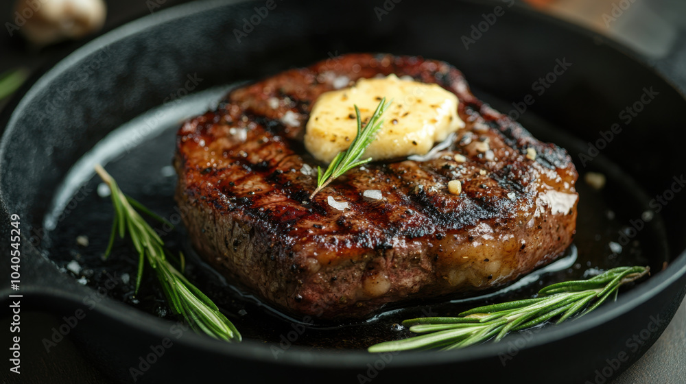 Perfectly grilled steak with rich sear, topped with butter and garnished with fresh rosemary, served in cast iron skillet. This mouthwatering dish is ideal for meat lovers Perfectly grilled steak with rich sear, topped with butter and garnished with fresh rosemary, served in cast iron skillet. This mouthwatering dish is ideal for meat lovers