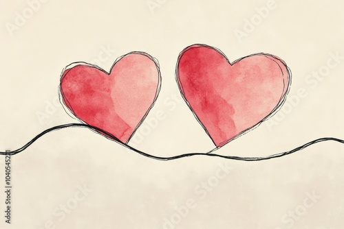 Two intertwined hearts illustrated with soft watercolor effects on a light ba...