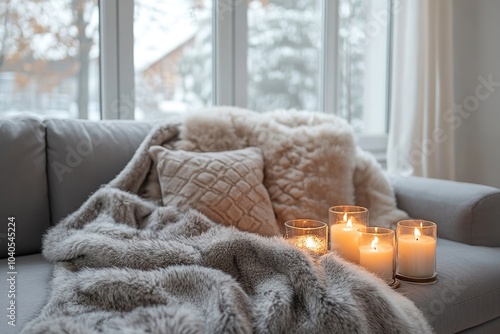Chic and Inviting Reading Nook Featuring a Fur Blanket on a Grey Sofa Next to a Coffee Table with Candles, Set Against a Window in a Hygge Scandinavian-Inspired Modern Living Room.