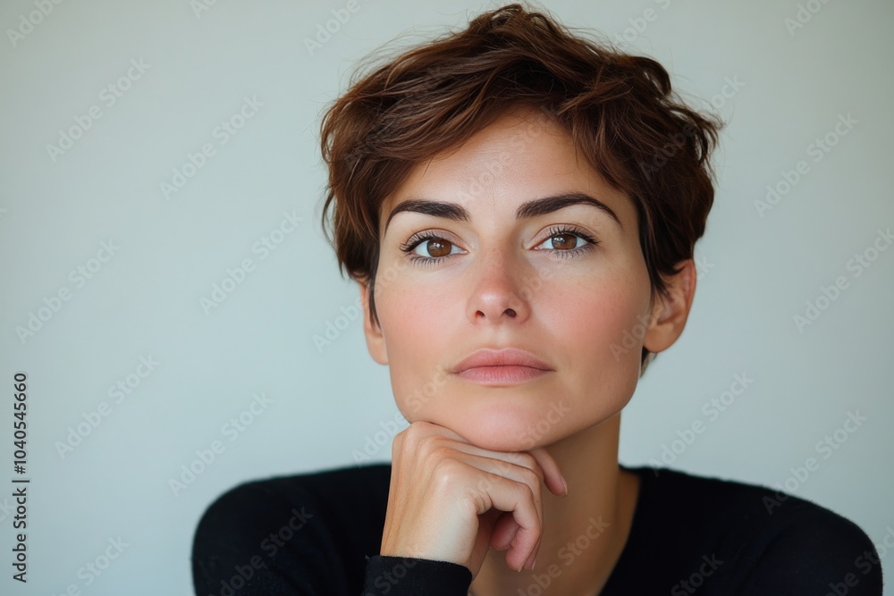 A thoughtful woman poses with chin resting on hand in a minimalist setting during daylight A thoughtful woman poses with chin resting on hand in a minimalist setting during daylight