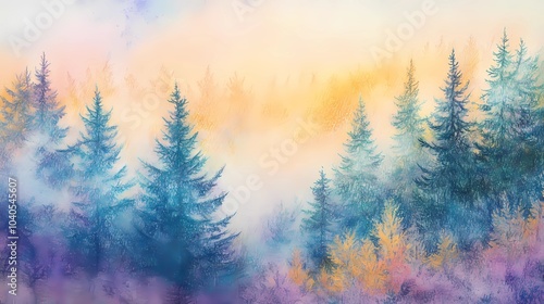 Foggy morning in an autumn forest, with orange and yellow leaves on the trees, creating a peaceful and calming seasonal landscape.