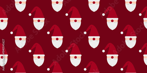 Santa Claus Head Pattern. Portrait of man with beard in New Year fictional fairy-tale character costume. Christmas seamless print on red background. Holiday backdrop. Minimalism. Vector illustration