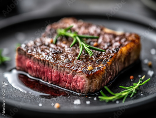 Juicy steak with perfectly seared crust, garnished with fresh rosemary and drizzle of sauce, creating appetizing presentation