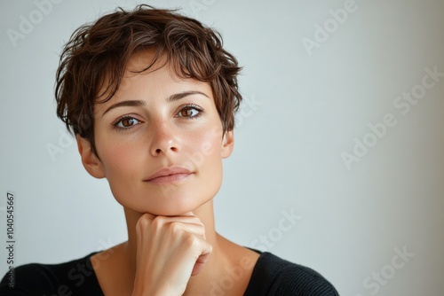A woman with short hair poses thoughtfully against a neutral background in so...