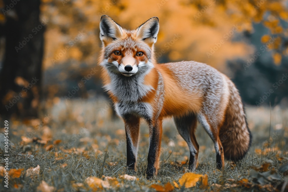 Naklejka premium A red fox stands gracefully in a forest clearing surrounded by autumn foliage during daylight