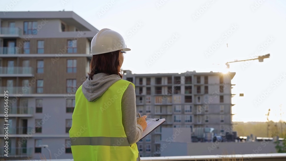 Female construction engineer with a hard hat and safety vest is writing on a clipboard while inspecting a construction site in the evening at sunset Female construction engineer with a hard hat and safety vest is writing on a clipboard while inspecting a construction site in the evening at sunset