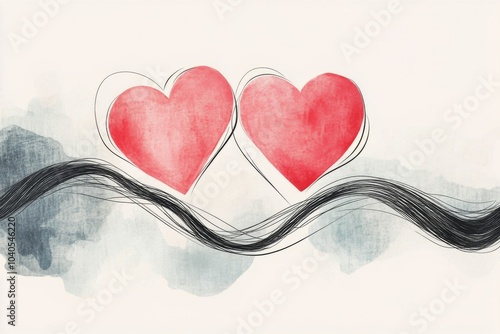 Two intertwined hearts illustrated with soft watercolor effects on a light ba...