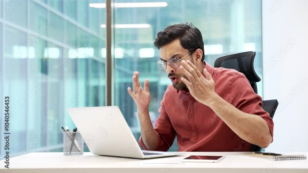 Frustrated stressed businessman reads bad news on laptop while sitting at desk at workplace in business office. Shocked worried worker is upset while reviewing negative information on a computer Frustrated stressed businessman reads bad news on laptop while sitting at desk at workplace in business office. Shocked worried worker is upset while reviewing negative information on a computer