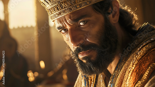 The end of King Hezekiah's reign in Israel, where he sits in his palace wearing his royal crown, as he is remembered for saving his people from destruction according to the Bible. photo