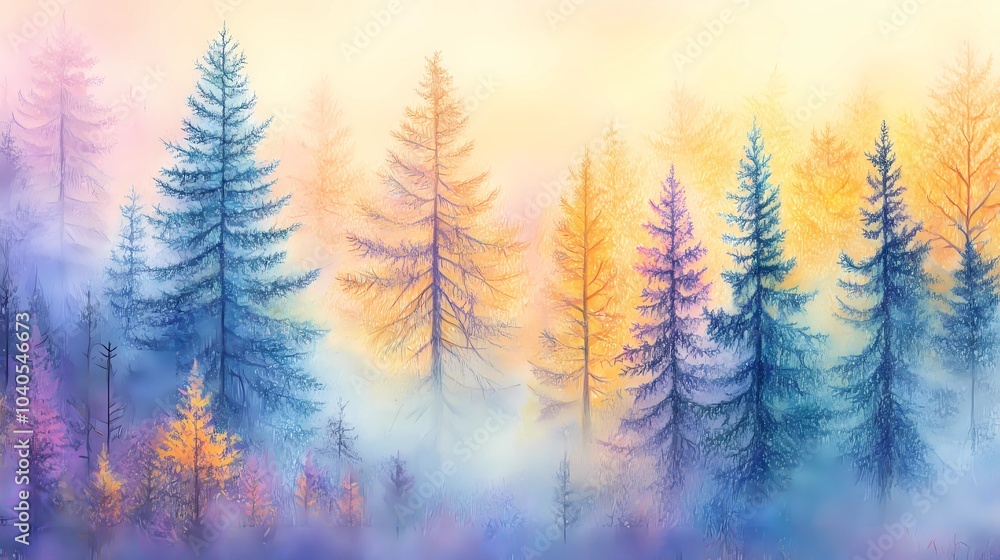 Obraz premium Autumn trees hidden in thick fog, with a path covered in golden leaves, creating a serene and mysterious fall forest atmosphere.
