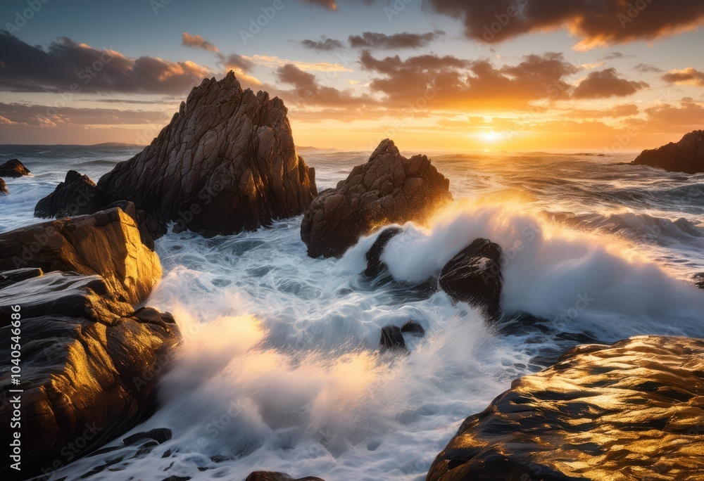 Obraz premium majestic ocean waves crashing untouched coastal rocks showcasing dynamic interaction serenity shoreline, beach, water, sea, foam, nature, landscape