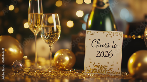 Two champagne glasses with a ‘Cheers to 2026’ card surrounded by golden ornaments, capturing the New Year’s Eve celebration spirit photo