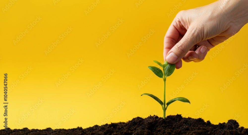 Fototapeta premium Hand planting small green sprout in soil with yellow background