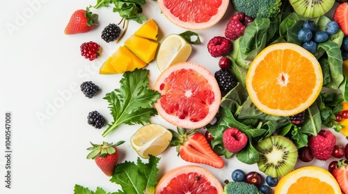 Fresh fruits and vegetables, colorful and vibrant, spread across a white table in a beautiful flat lay. Include leafy greens, berries, and citrus