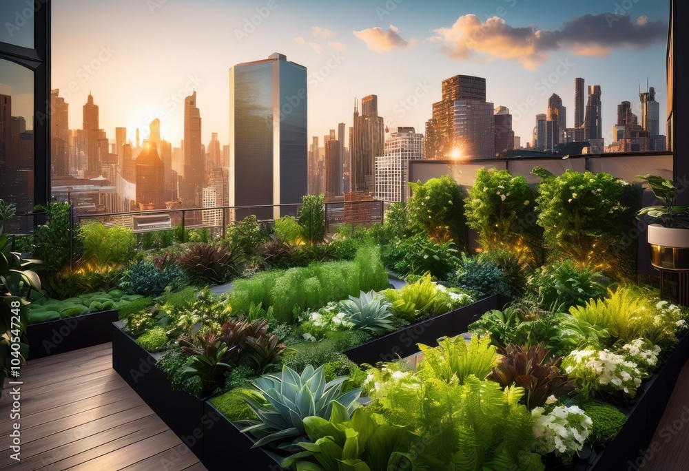 Fototapeta premium captivating urban garden design featuring lush vibrant modern aesthetic appeal city environment, abundant, accents, area, architecture, badlogic, botanical