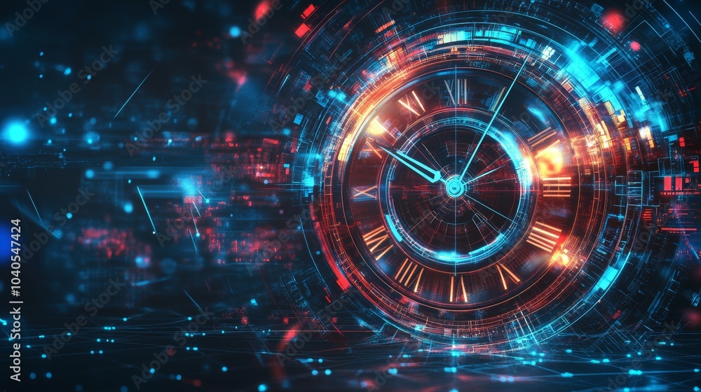 Obraz premium Abstract Futuristic Technology Background with Clock concept and Time Machine, Can rotate clock hands, vector illustration 