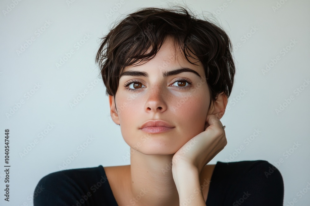 A thoughtful woman poses with chin resting on hand in a minimalist setting during daylight A thoughtful woman poses with chin resting on hand in a minimalist setting during daylight