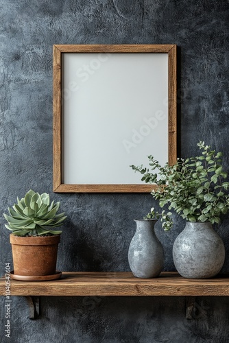 A stylish wooden frame set against a textured dark wall with minimalistic gre...