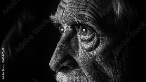 Close-up of wise man’s profile depicting deep contemplation in high-contrast monochrome.