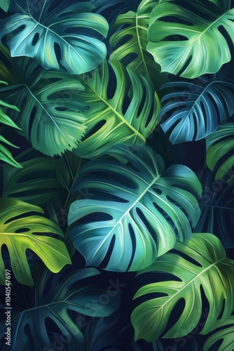 Lush green tropical leaves with varying shades and patterns in a vibrant natu...
