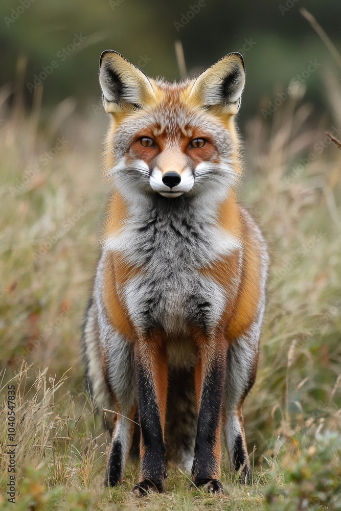 Fototapeta premium A vibrant red fox standing gracefully in the forest during autumn with colorful foliage nearby