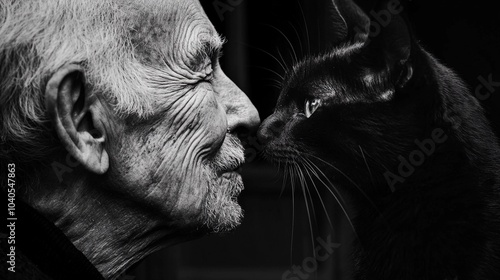 An old wrinkled man looks at the black cat in front of him, nose to nose.