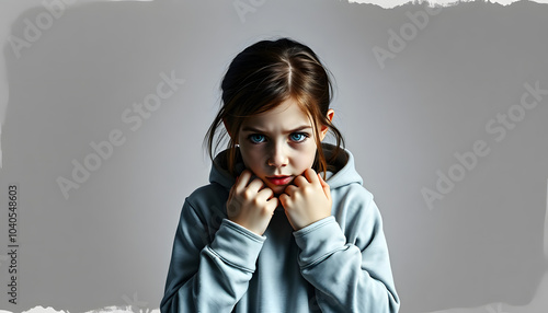 Composite photo collage of crazy scared girl hide collar pullover aaa fear mental trauma problem isolated on painted background isolated with white highlights, png photo