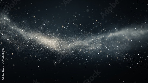 White dust particles scattered in a soft cloud against a black void, finely textured and naturally flowing