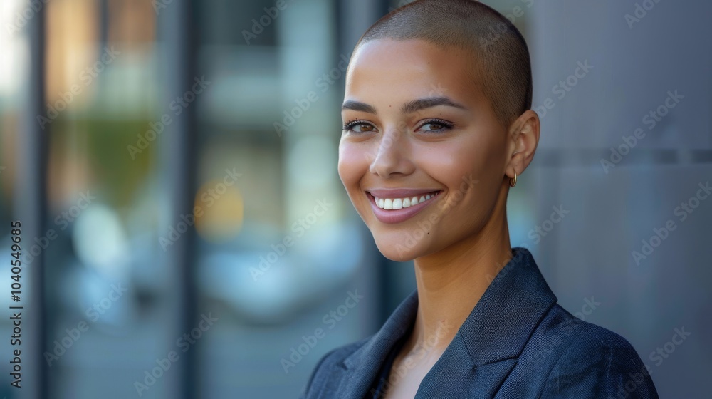 Confident female professional with a shaved head in a sleek suit, looking to the side with a happy expression, urban setting Confident female professional with a shaved head in a sleek suit, looking to the side with a happy expression, urban setting