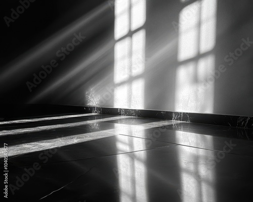 The Black Friday sign is showcased with a dramatic spotlight on a reflective black floor, casting shadows and embodying a minimalist modern aesthetic.