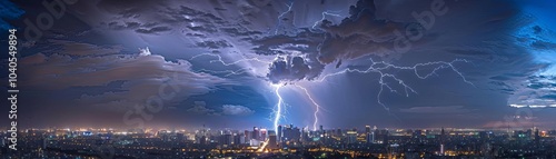 A dramatic cityscape at night with intense lightning illuminating the sky, capturing the raw power of nature during a thunderstorm. photo