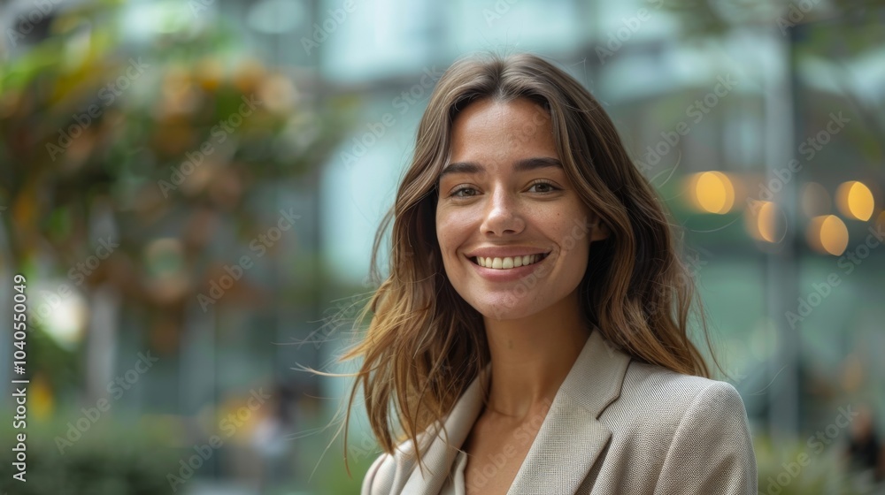 Confident woman in business attire, smiling warmly, gazing to the side, standing outdoors with space for text Confident woman in business attire, smiling warmly, gazing to the side, standing outdoors with space for text