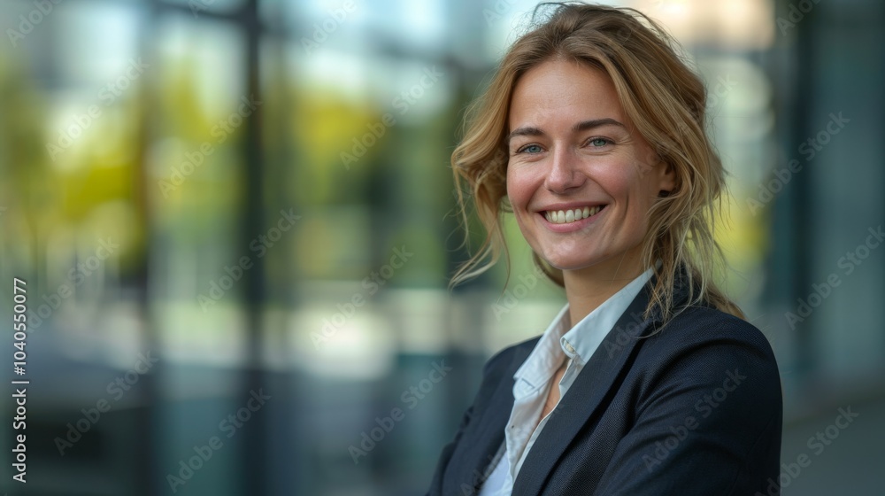 Fototapeta premium Confident woman in business attire, smiling warmly, gazing to the side, standing outdoors with space for text
