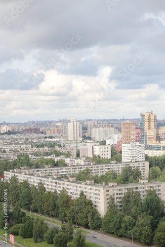 multi-storey buildings top view of residential urban area with green parks. St. Petersburg. buildings in primorsky district of city. measured life in residential area. megapolis, modern construction.