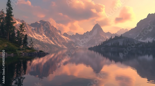 A serene mountain lake at dusk, with still waters reflecting the surrounding peaks and the soft glow of twilight