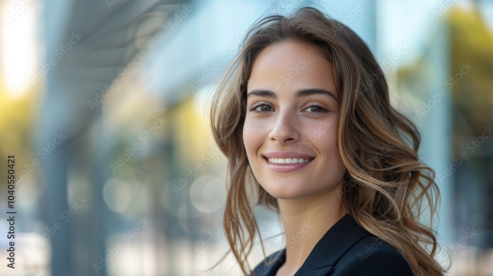 Confident woman in business attire, smiling warmly, gazing to the side, standing outdoors with space for text Confident woman in business attire, smiling warmly, gazing to the side, standing outdoors with space for text