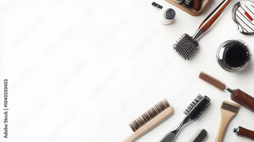 Fototapeta premium Various barbershop tools isolated on a white background, providing ample copy space for text.