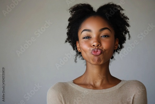 Young woman making a playful expression with curly hair against a neutral bac...