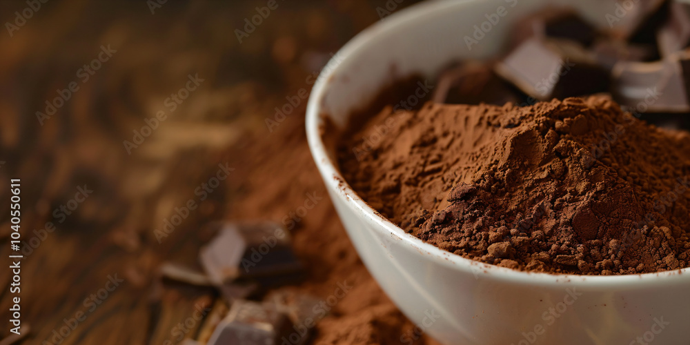 Cocoa powder in a plate with chocolate pieces. Banner template for advertising sweet products, candies and cookies, the same hot drinks, autumn style. With space for text Cocoa powder in a plate with chocolate pieces. Banner template for advertising sweet products, candies and cookies, the same hot drinks, autumn style. With space for text
