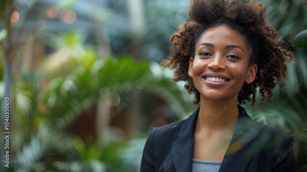 Confident woman in business attire, smiling warmly, gazing to the side, standing outdoors with space for text Confident woman in business attire, smiling warmly, gazing to the side, standing outdoors with space for text
