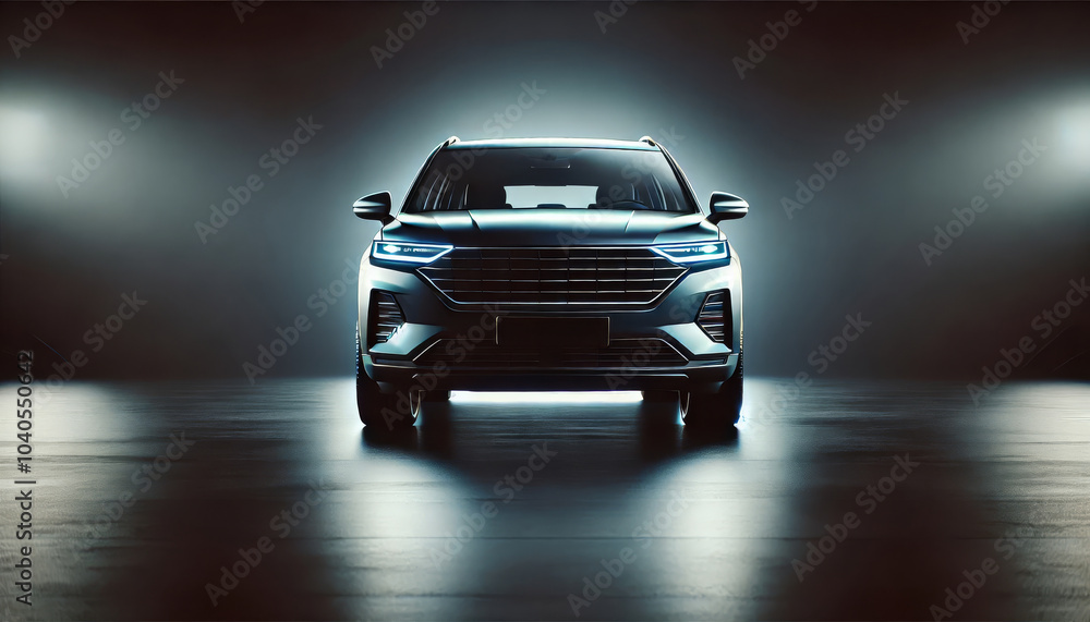 Modern SUV car front view in dark studio Modern SUV car front view in dark studio