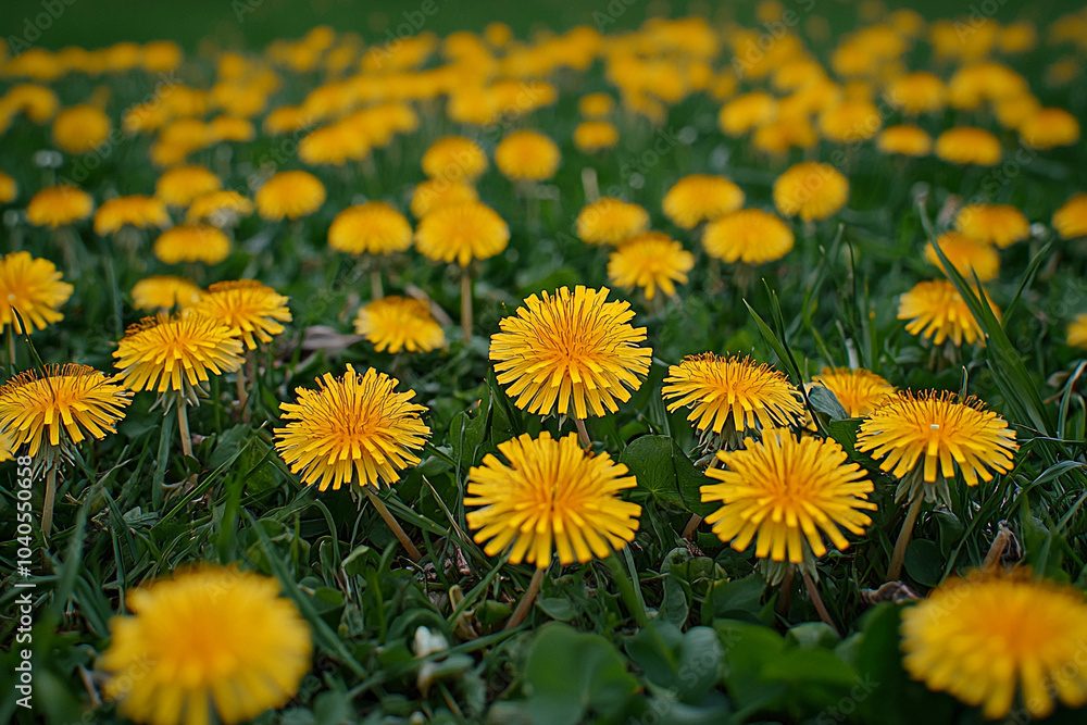 Vibrant dandelions blooming abundantly in a green meadow during spring Vibrant dandelions blooming abundantly in a green meadow during spring