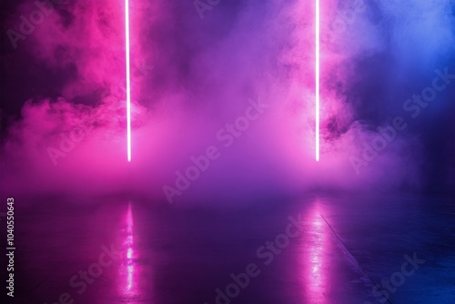 Colorful neon lights illuminating a misty dance floor in a nightclub at night