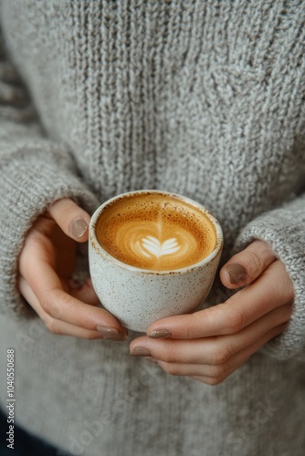 A cozy moment with a warm drink in a knitted sweater during a chilly day