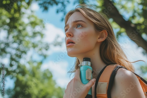 Woman enjoying a warm drink outdoors in a park during a cool autumn day photo